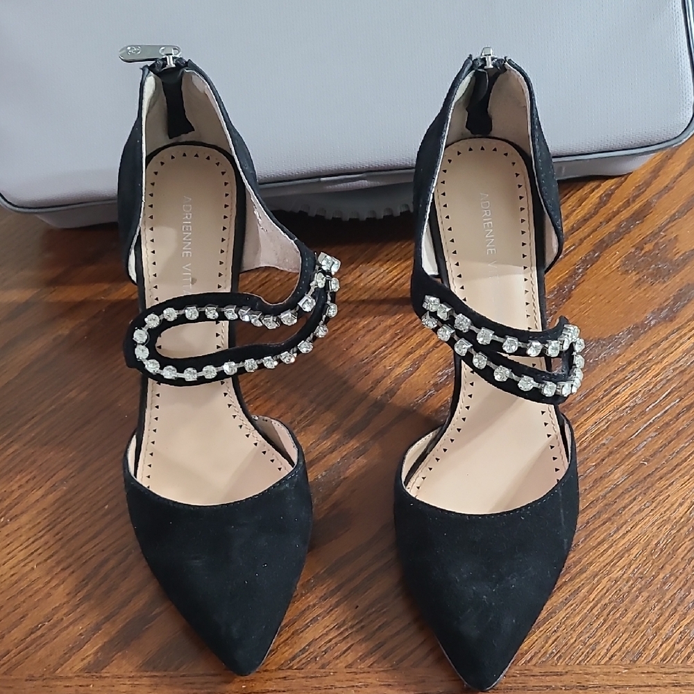 Adrienne Vittadini Black Suede Heels with Pearl Strap